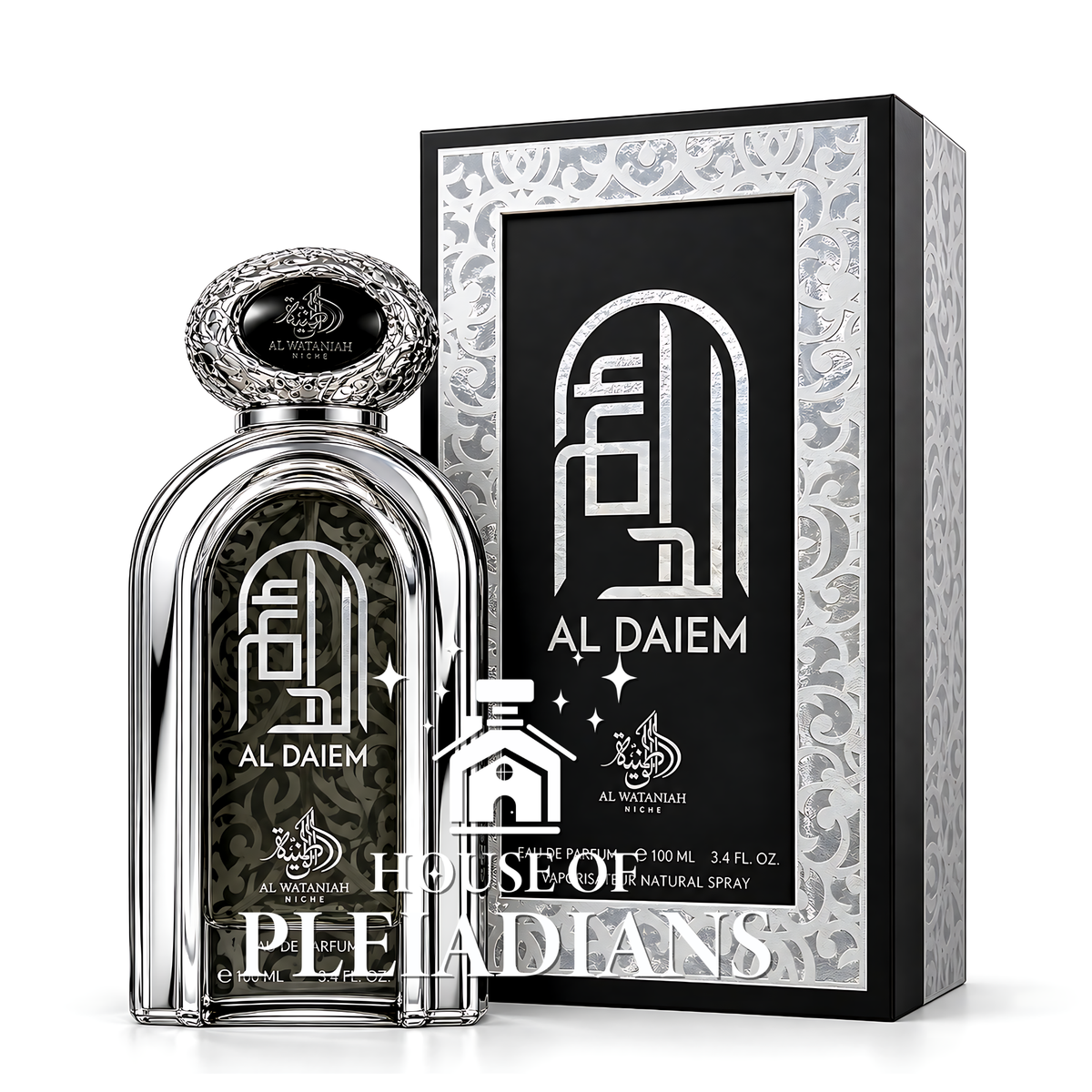 Al Daiem by Al Wataniah perfume bottle and silver black luxury packaging UK