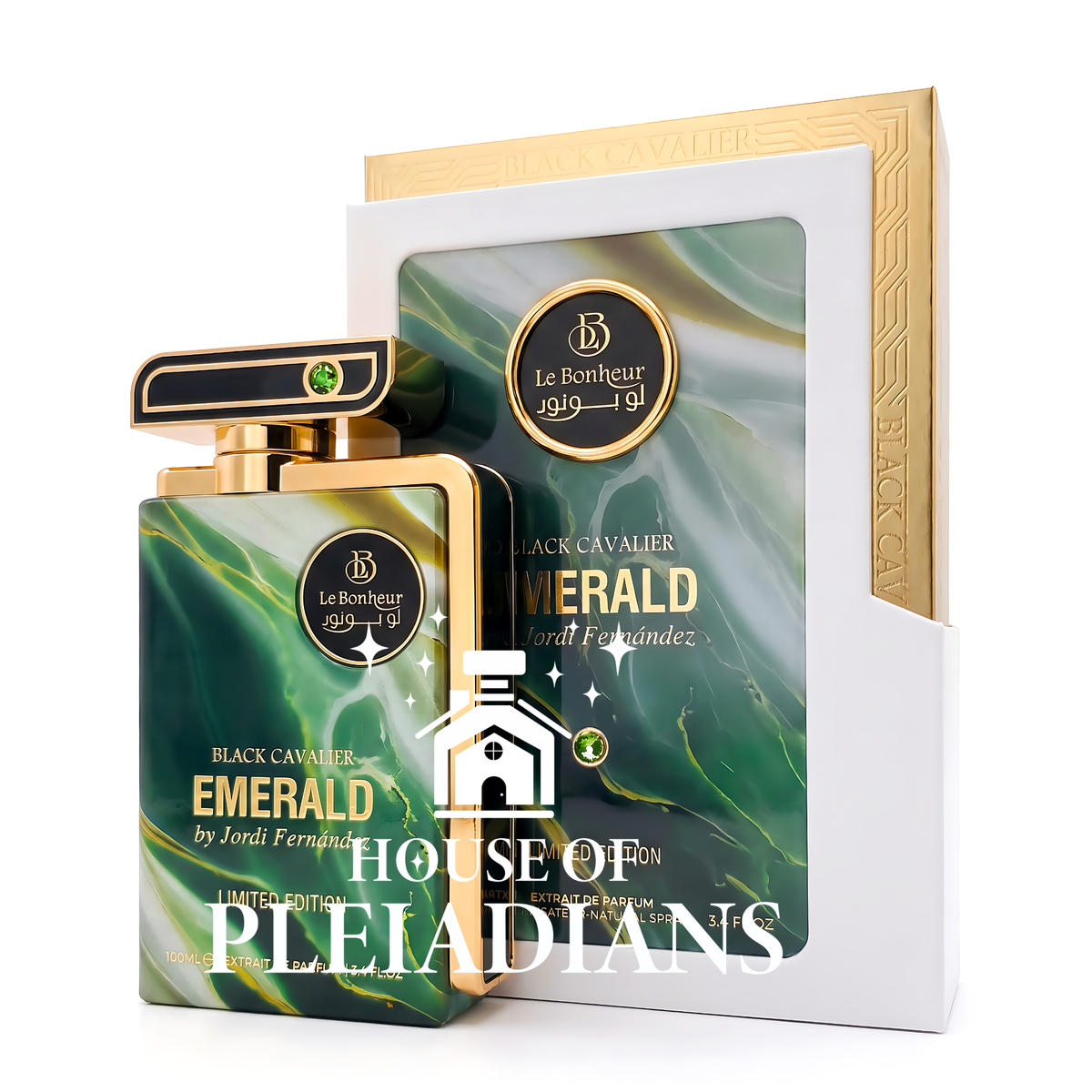 Black Cavalier Emerald perfume bottle and luxury green marble and gold packaging UK