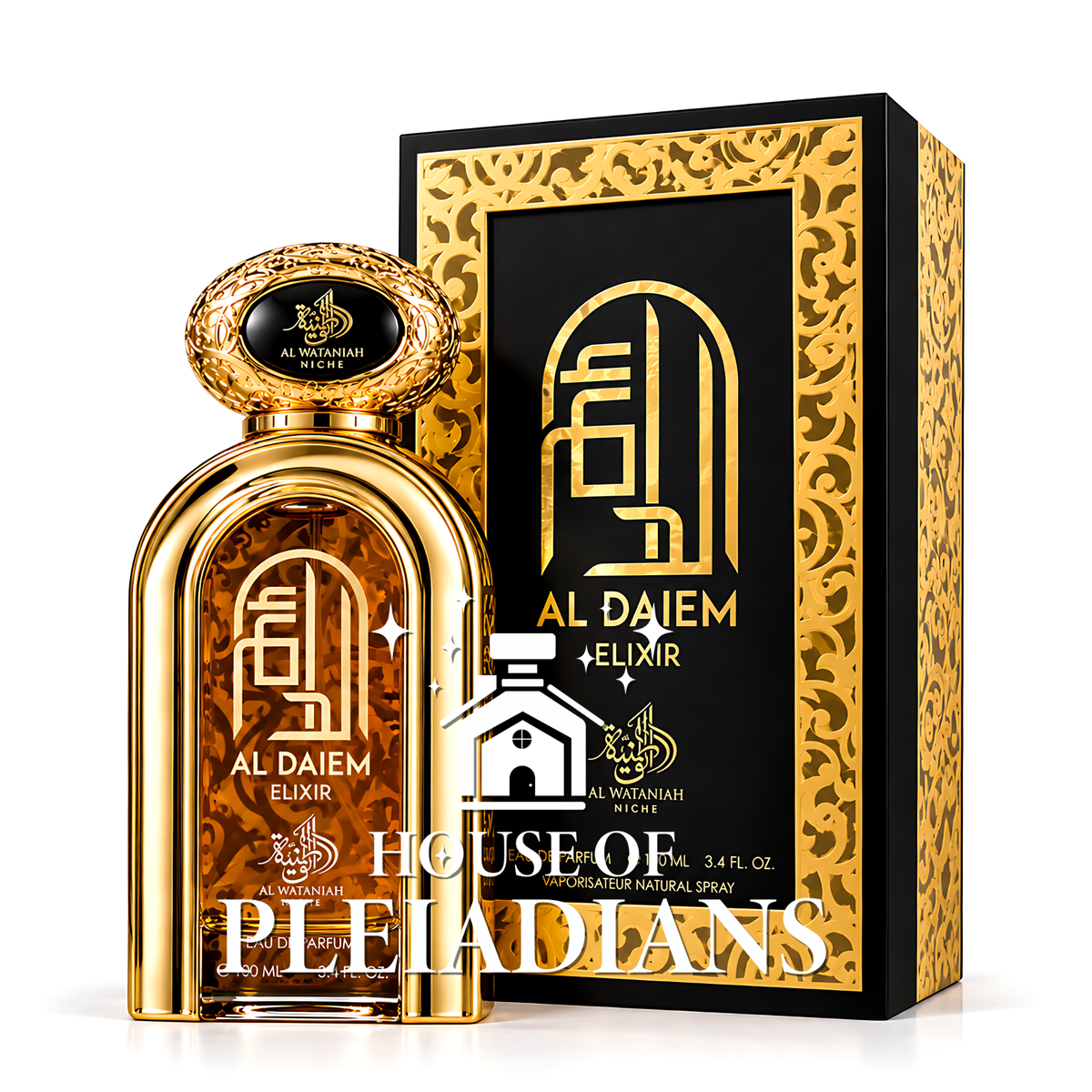 Al Daiem Elixir by Al Wataniah perfume bottle and gold black luxury packaging UK