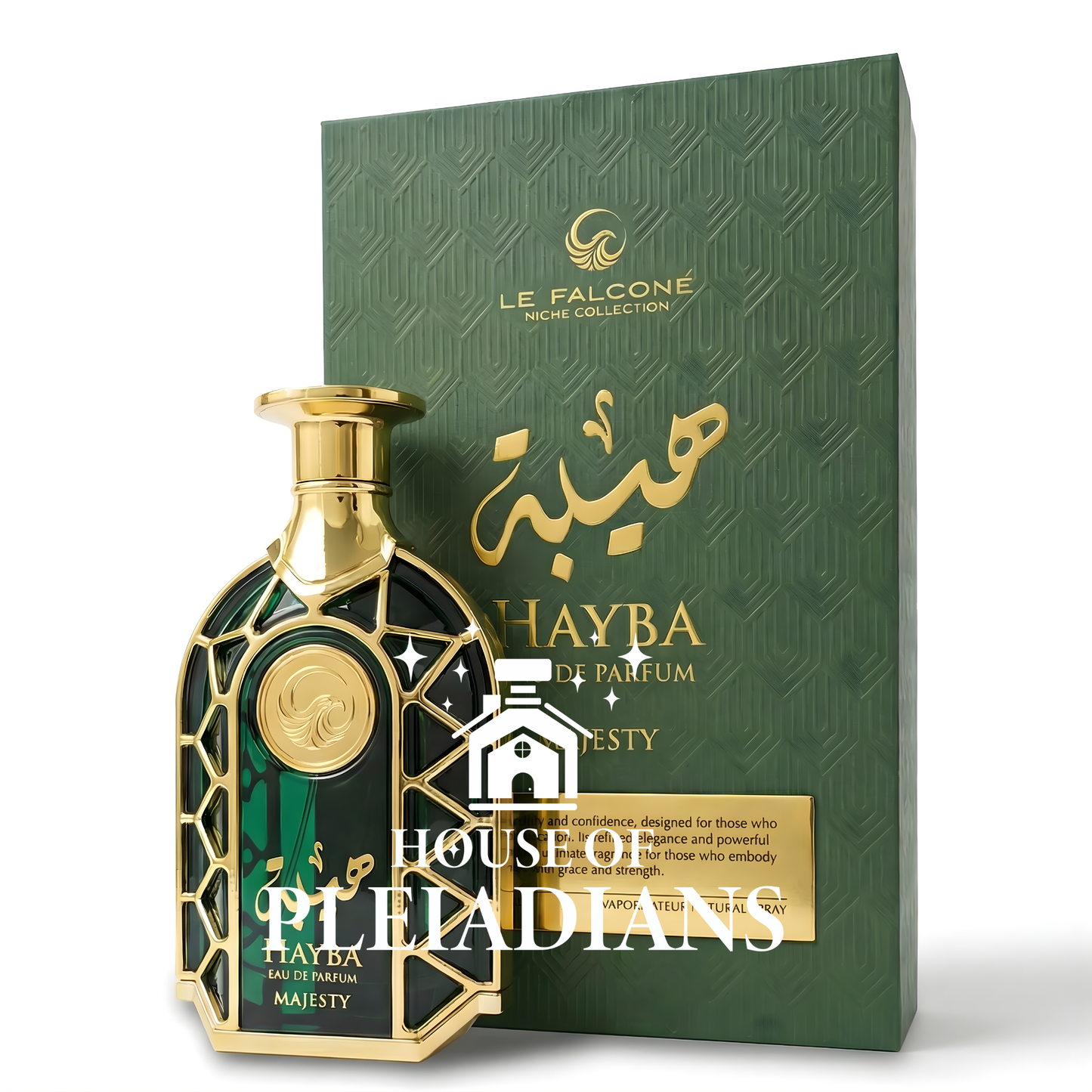 Green and gold perfume bottle with packaging featuring 'Le Falcone' and 'Hayba de Parfum' branding.
