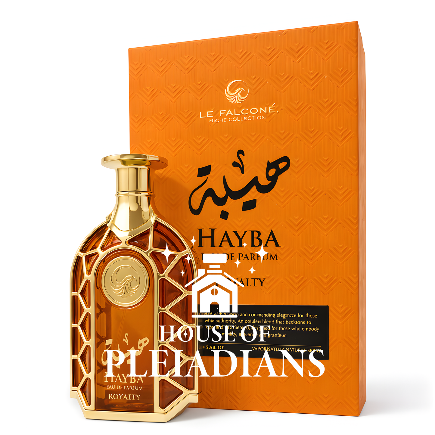 Perfume bottle and packaging with 'Hayba' branding on an orange background