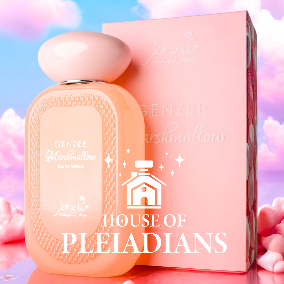 Genzee Marshmallow 100ml EDP by Hekayat Attar in a pastel peach bottle with matching box, featured in House of Pleiadians perfume collection.