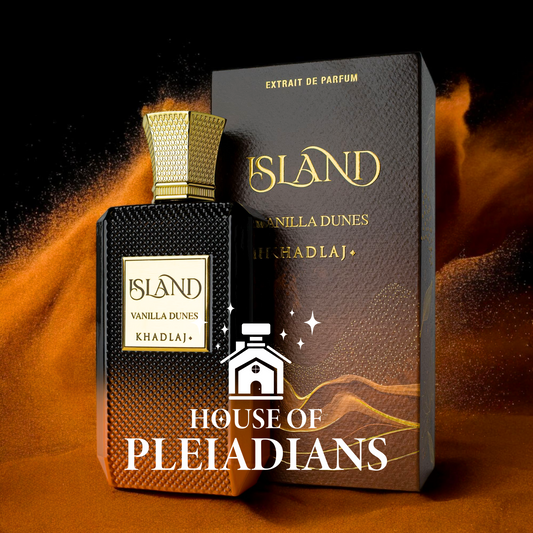Island Vanilla Dunes 100ml EDP by Khadlaj perfume bottle and box with golden accents, featured in a warm sand dune backdrop. Premium unisex fragrance from House Of Pleiadians.