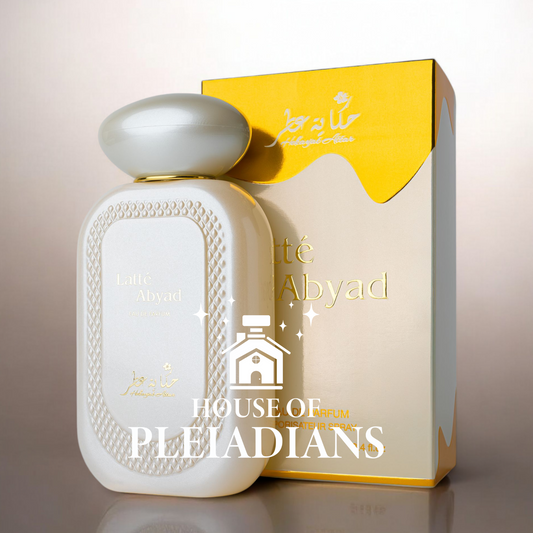 Latte Abyad 100ml EDP by Hekayat Attar perfume bottle with matching gold and cream box, featured in House Of Pleiadians collection.
