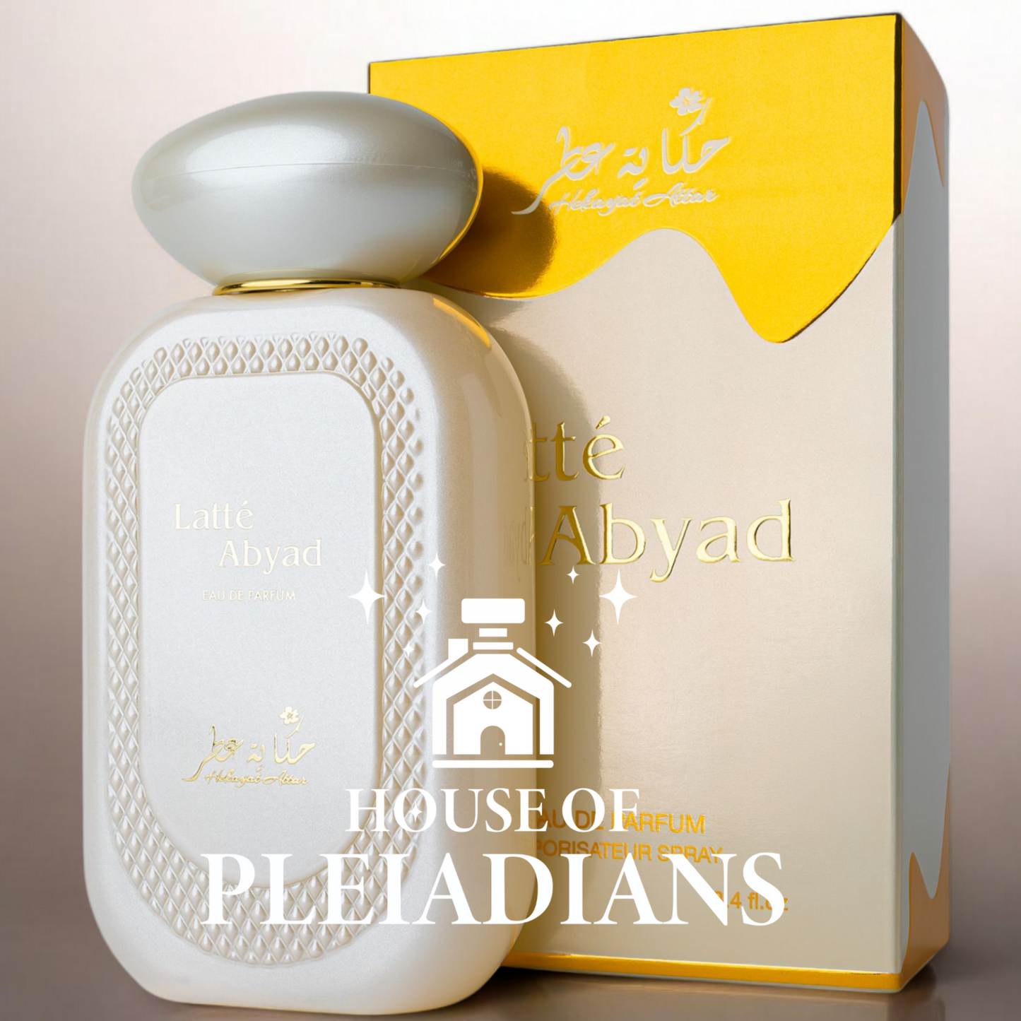 Latte Abyad 100ml EDP by Hekayat Attar perfume bottle with matching gold and white box, featured in House Of Pleiadians collection.