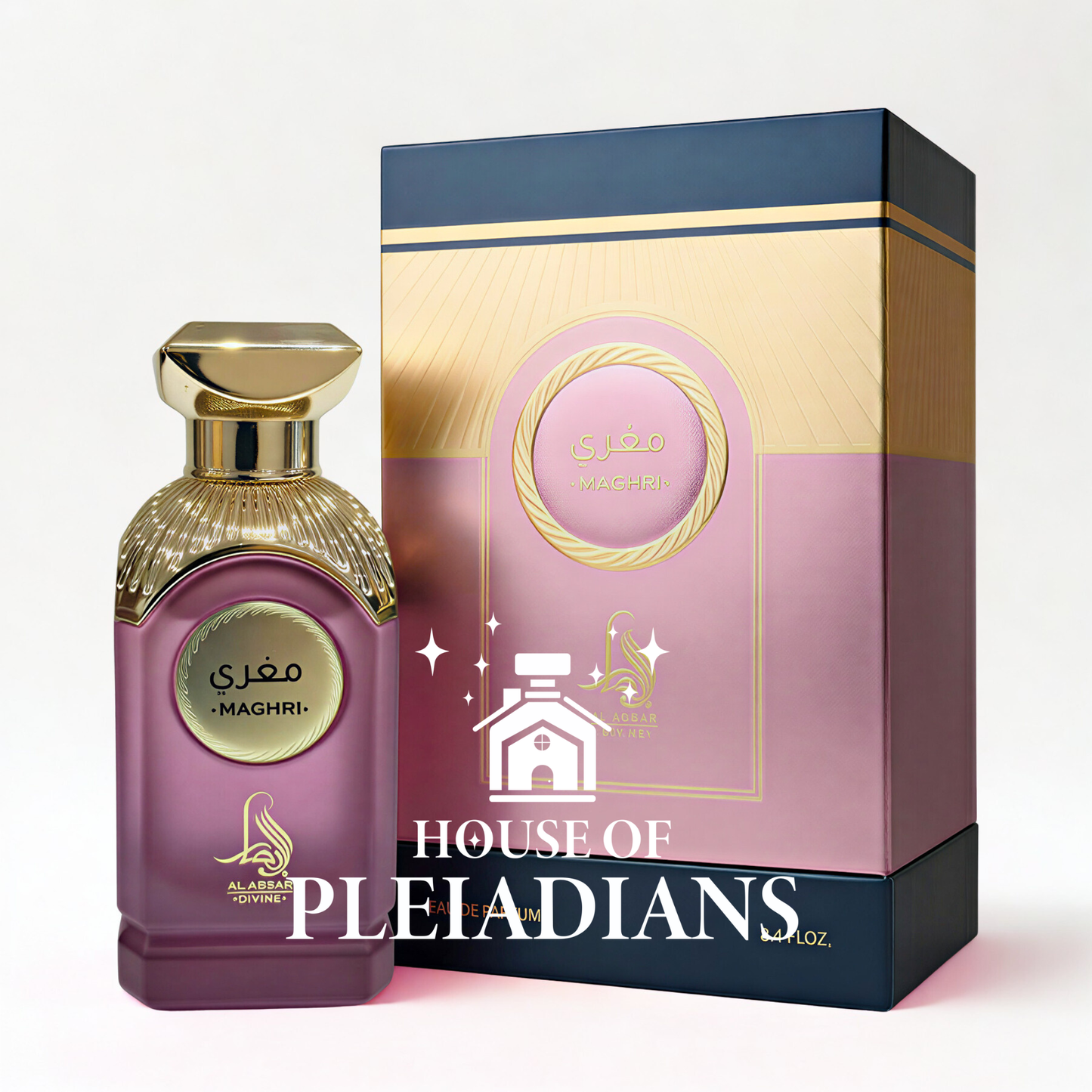 Perfume bottle and packaging of House of Pleiadians on a white background