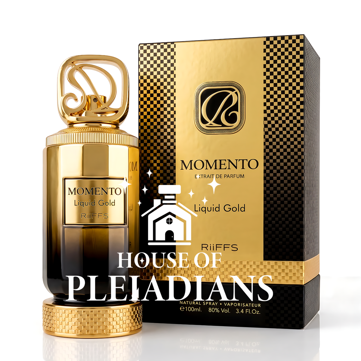 Momento Liquid Gold perfume bottle and luxury gold and black packaging UK