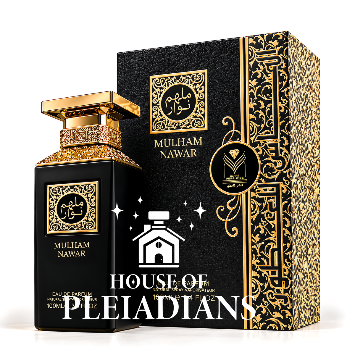 Mulham Nawar by Almas perfume bottle and black and gold packaging UK