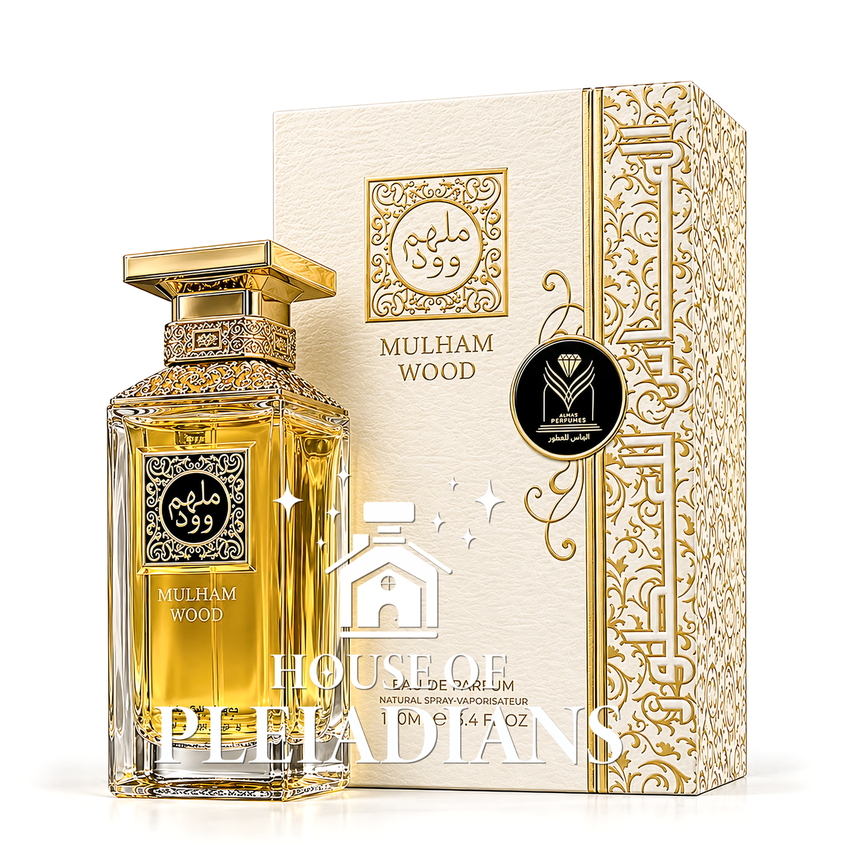 Mulham Wood by Almas perfume bottle and cream and gold packaging UK