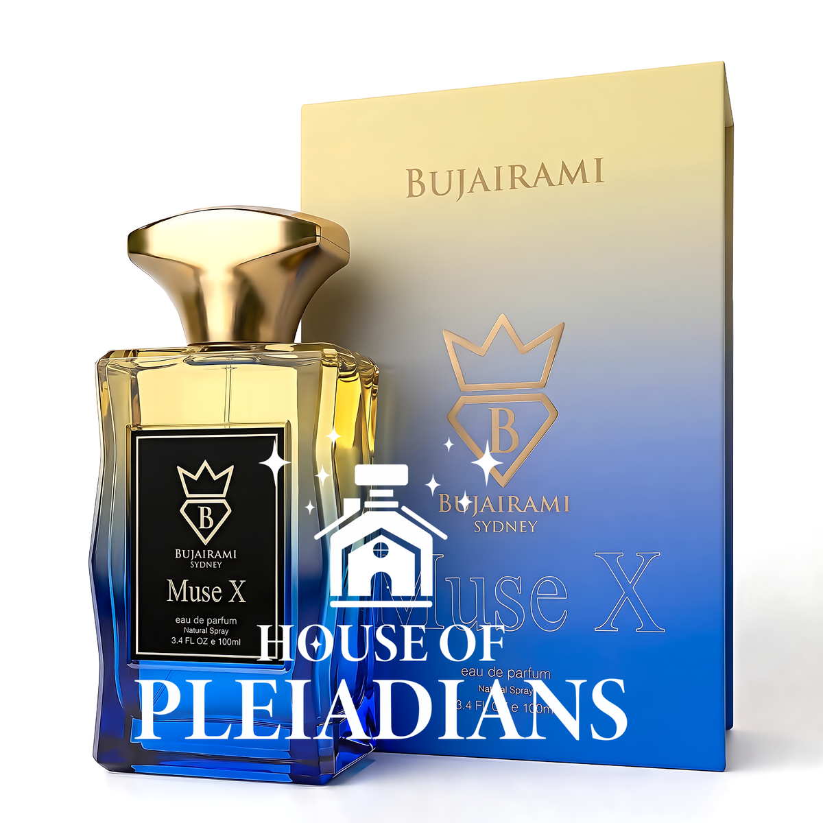 Bujairami Muse X Eau de Parfum bottle with a gold cap and blue gradient glass, shown next to its matching blue and gold gradient packaging box. A large 'HOUSE OF PLEIADIANS' watermark is overlaid across the bottom.