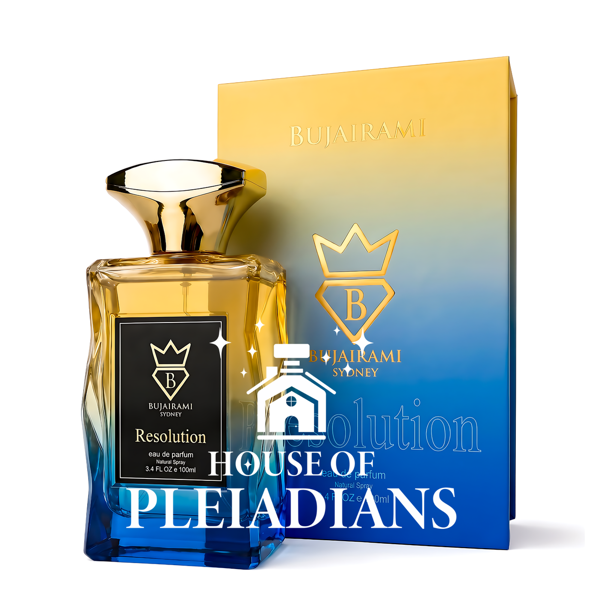 Resolution by Bujairami perfume bottle and blue and gold packaging UK