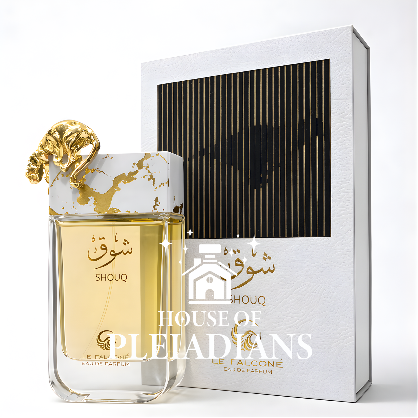 Perfume bottle with gold accents and packaging on a white background