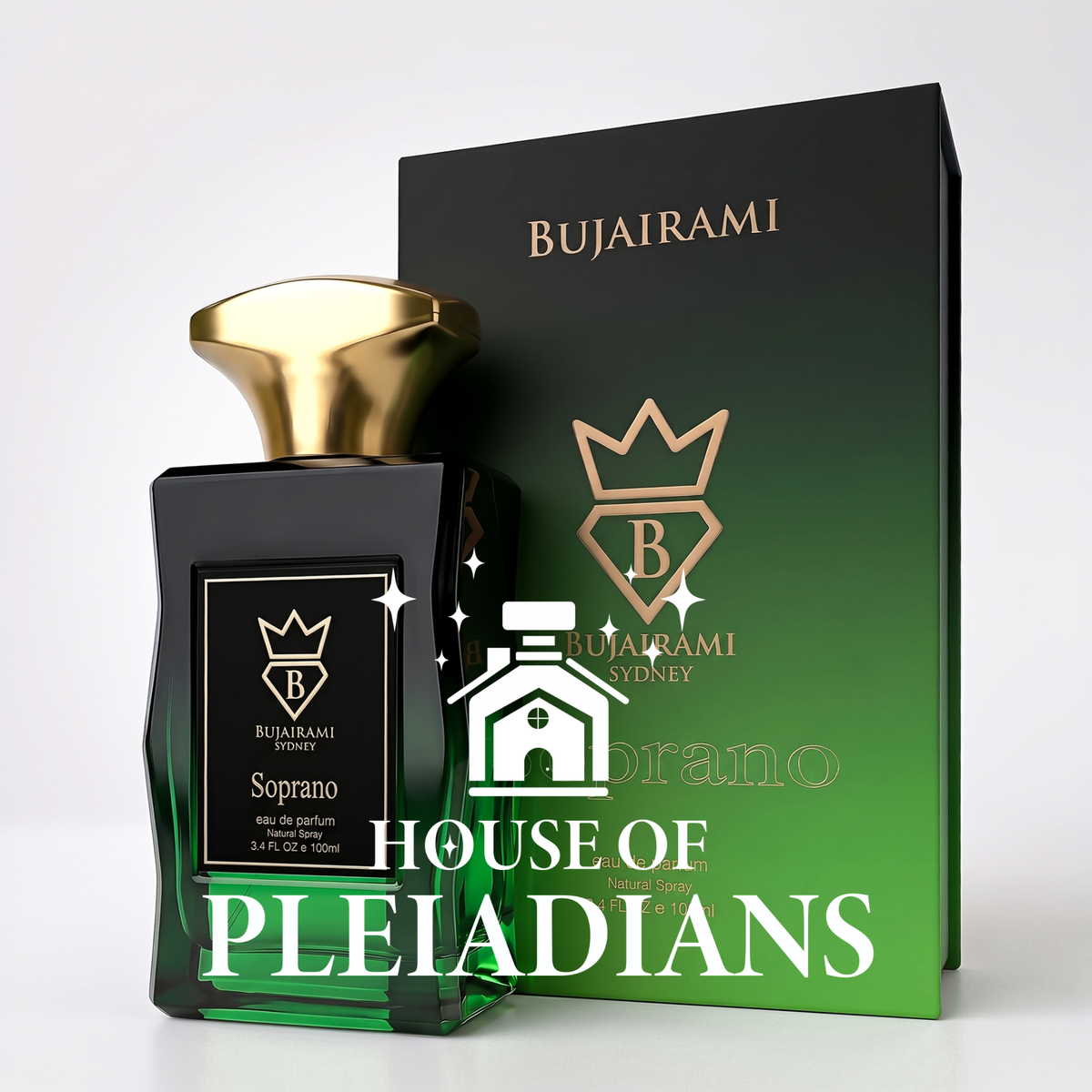 Bujairami Soprano Eau de Parfum bottle with a gold cap next to its green and black gradient packaging box, featuring a large 'HOUSE OF PLEIADIANS' watermark overlay.