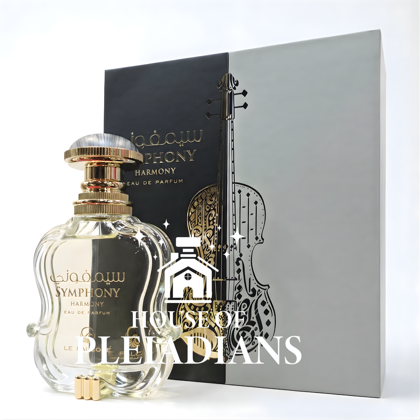Perfume bottle and packaging with 'Houses of Pleiadians' branding on a white background