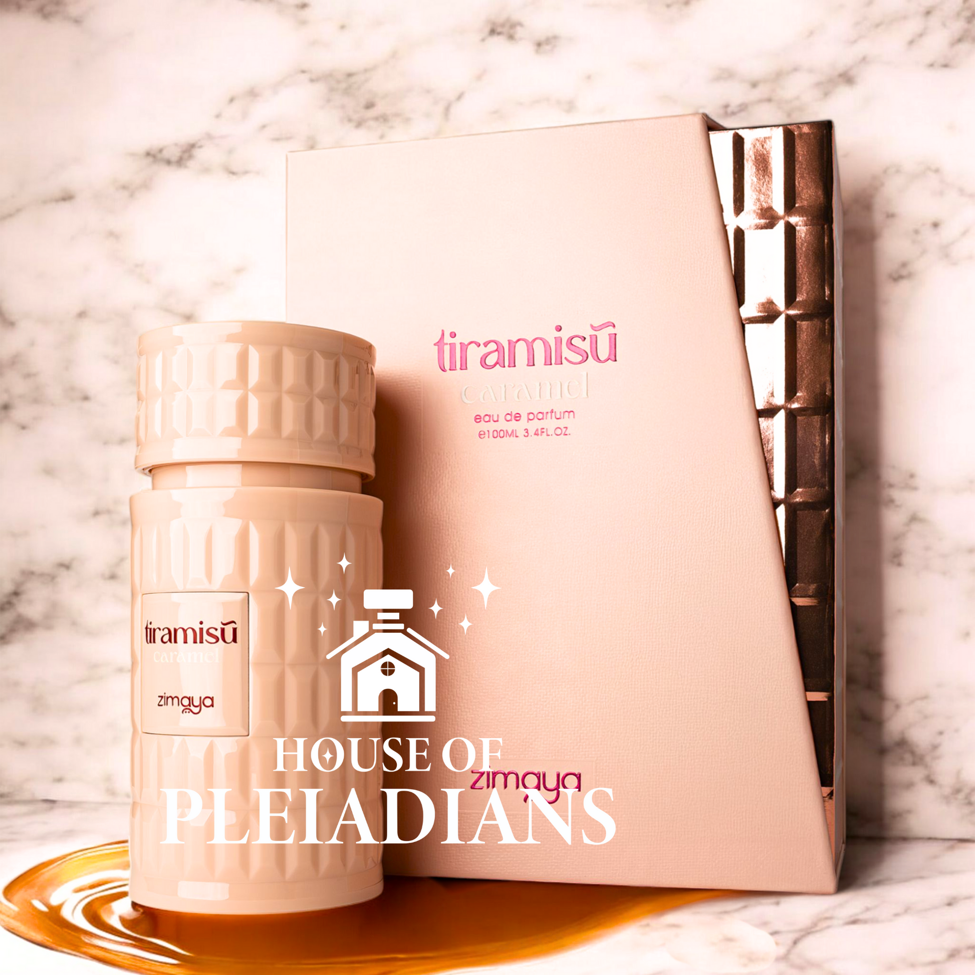 Tiramisu Caramel 100ml EDP by Zimaya perfume bottle and box set on marble background, featured by House Of Pleiadians. Luxurious gourmand scent for women.