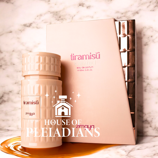 Tiramisu Caramel 100ml EDP by Zimaya perfume bottle and box set on marble background, featured by House Of Pleiadians. Luxurious gourmand scent for women.