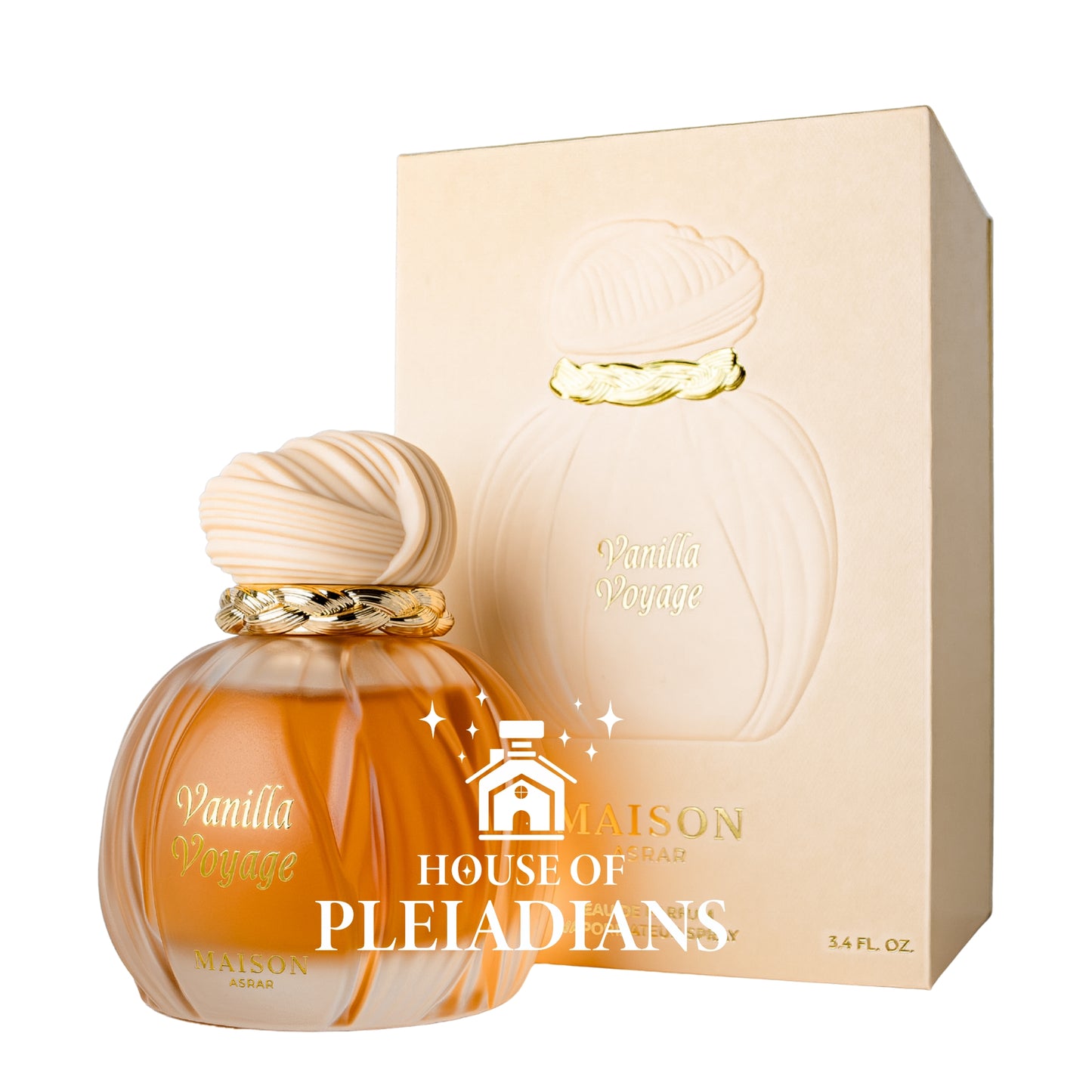 Perfume bottle and packaging of Maison House of Pleiadians Vanilla Voyage on a white background
