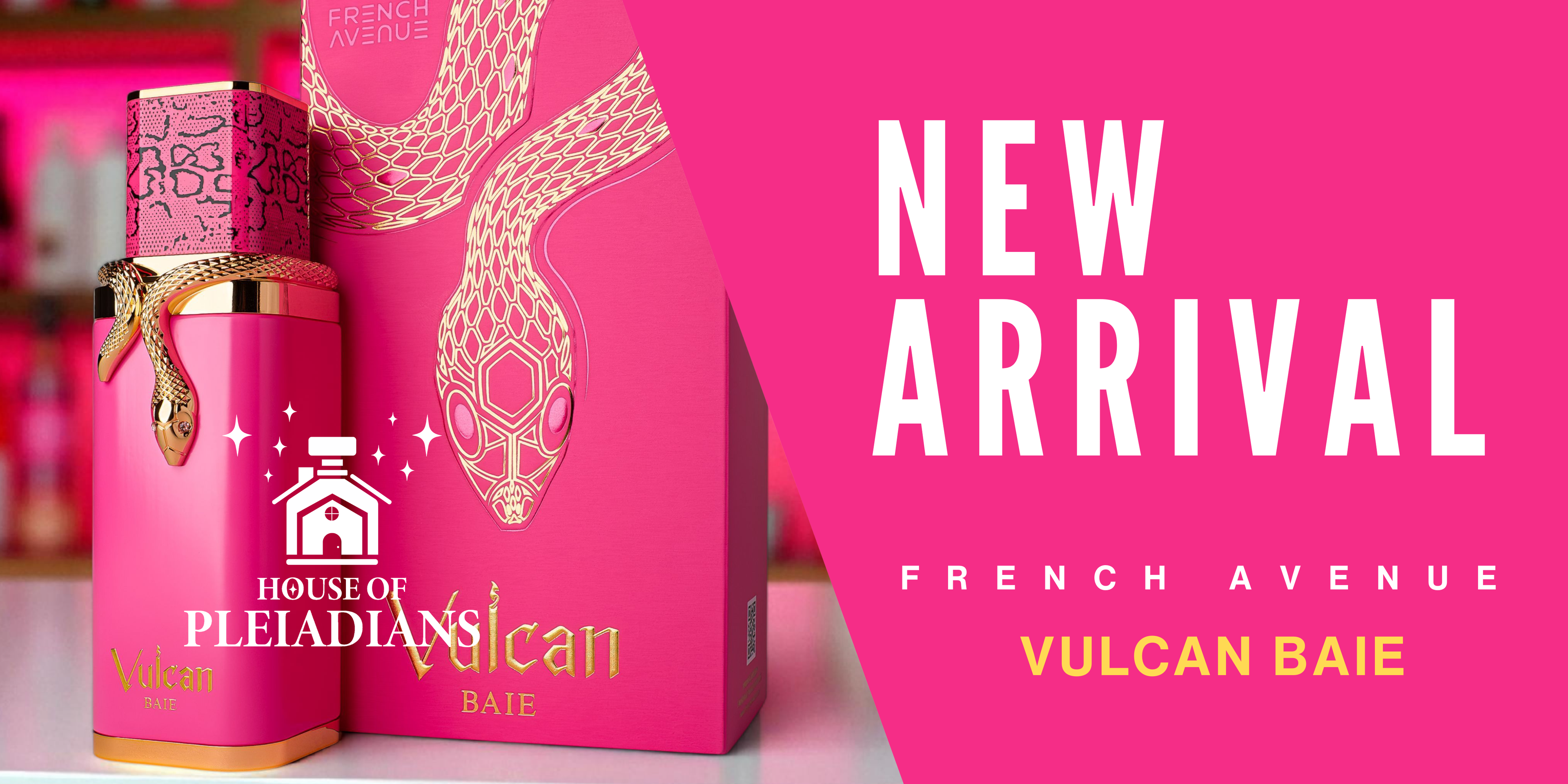 Pink bottle and box of Vulcan Baie with 'New Arrival' text on a pink background