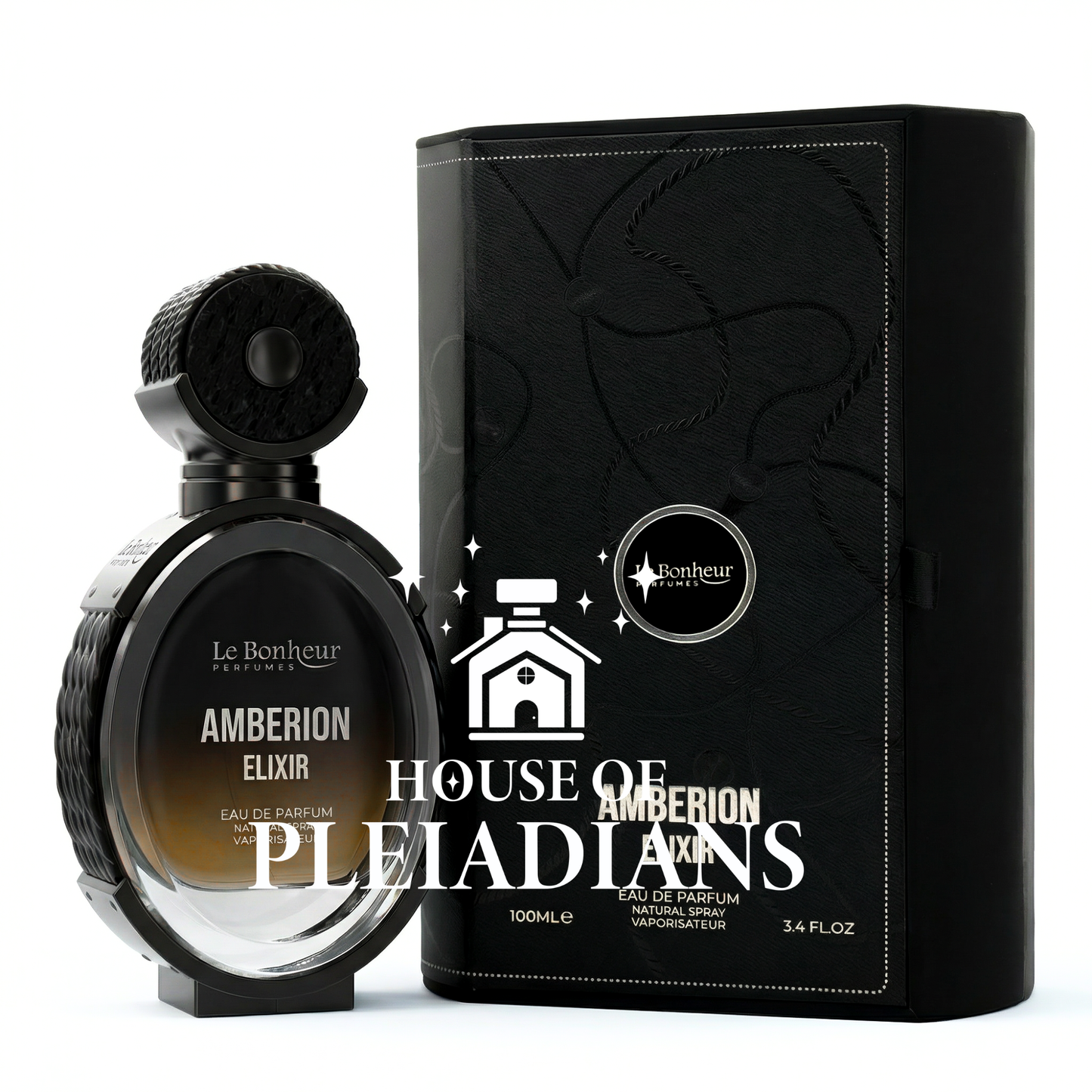 Perfume bottle and packaging of Le Bonheur Perfumes' Amberion Elixir with 'House of Pleiadians' branding.