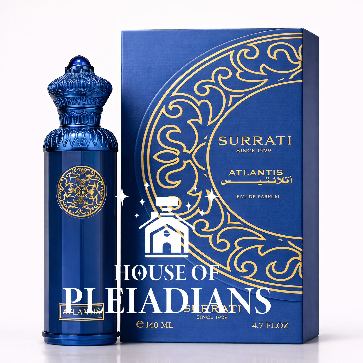 Blue Surrati Atlantis perfume bottle and packaging on a white background