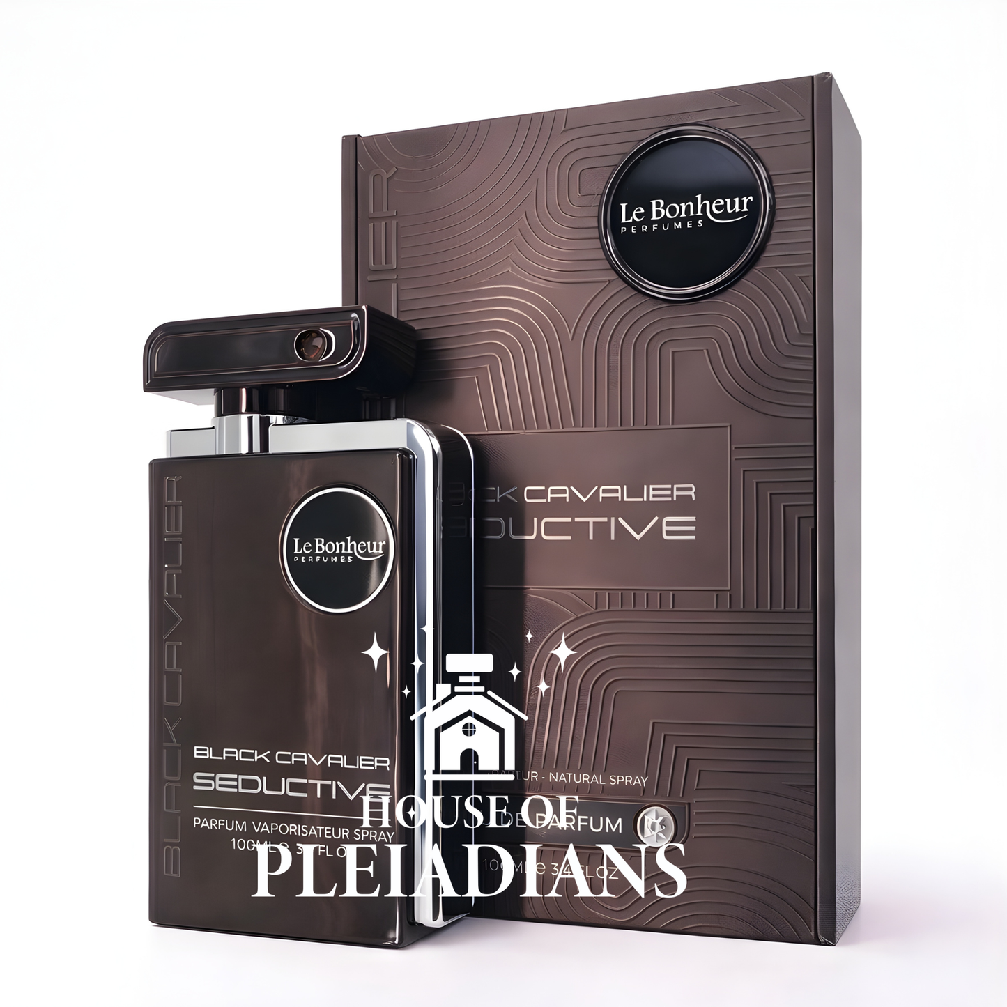 Perfume bottle and packaging of 'Black Cavalier Seductive' by Le Bonheur Perfumes on a white background.