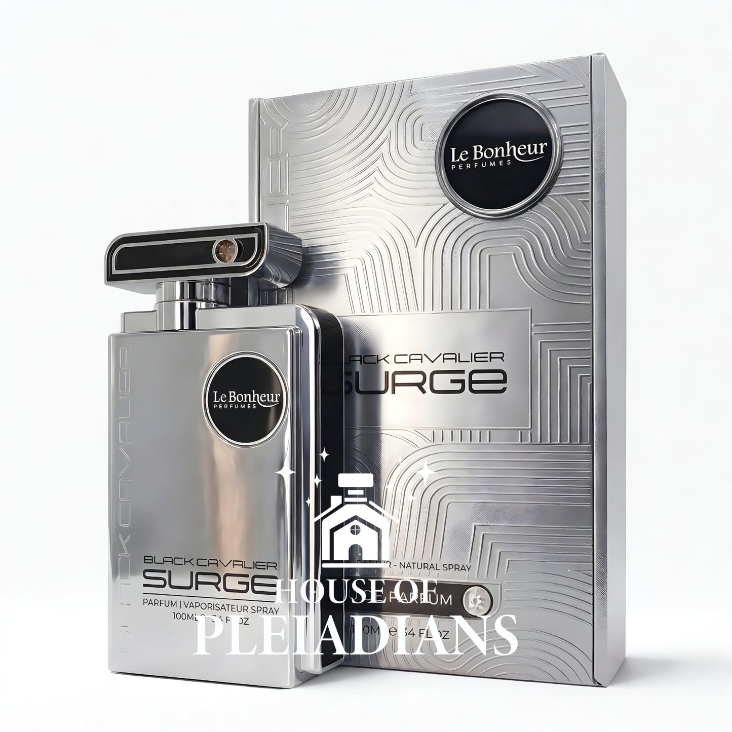 Silver perfume bottle and packaging with 'Le Bonheur' branding on a white background