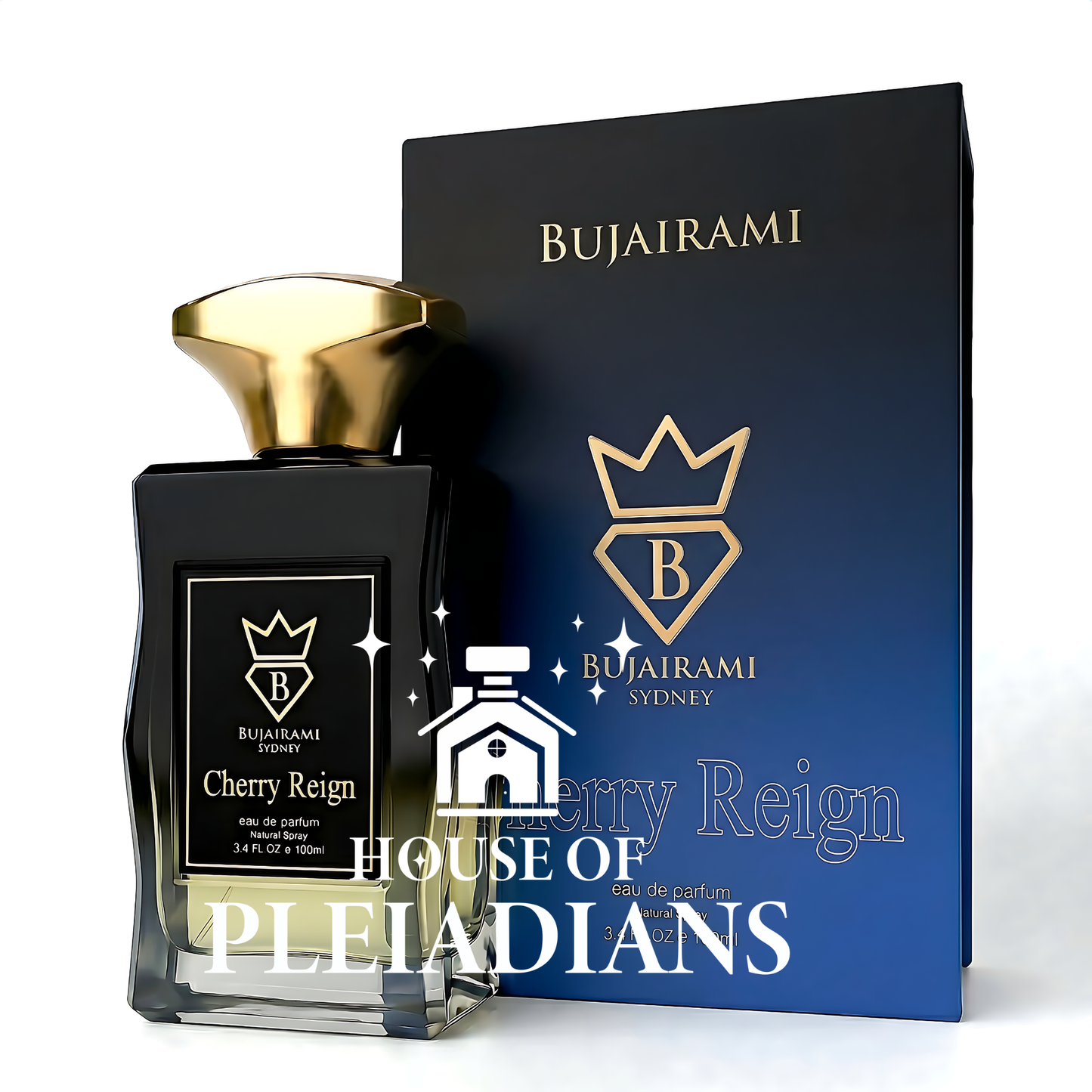 Cherry Reign perfume bottle and luxury blue gradient packaging UK