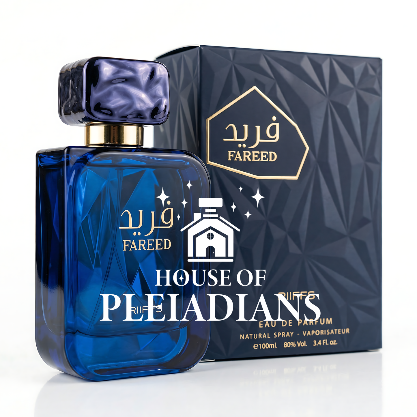 Blue perfume bottle and packaging with 'Fareed' branding on a white background
