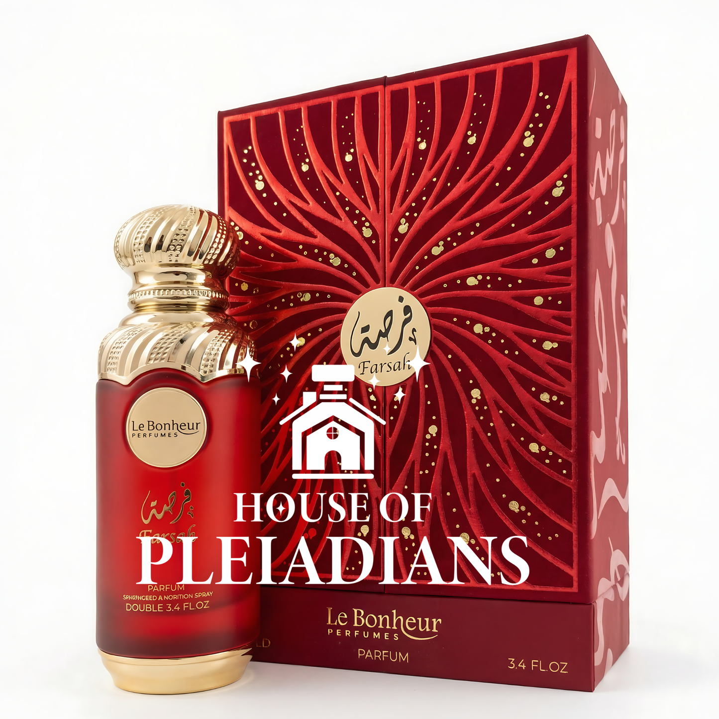 Red and gold perfume bottle with packaging labeled 'House of Pleiadians' on a white background