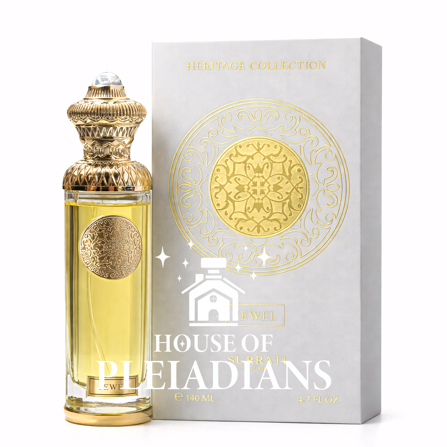 Perfume bottle with gold cap and House of Pleiadians packaging on a white background