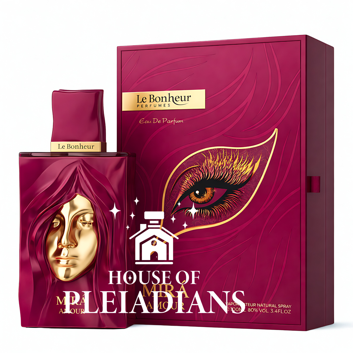 Le Bonheur Mira Amour 100ml Eau de Parfum red bottle with gold face design and box Middle Eastern perfume UK