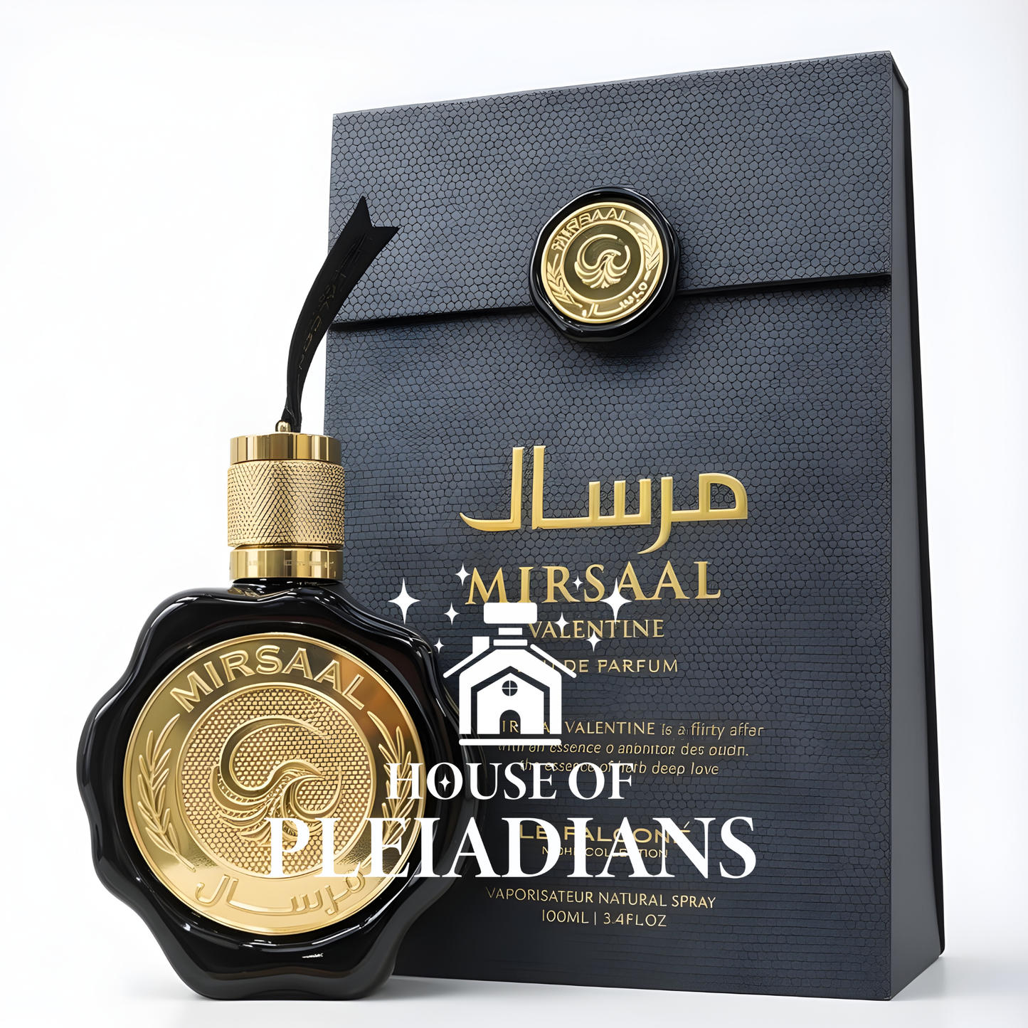 Mirsaal perfume bottle and packaging with 'House of Pleiadians' branding on a white background