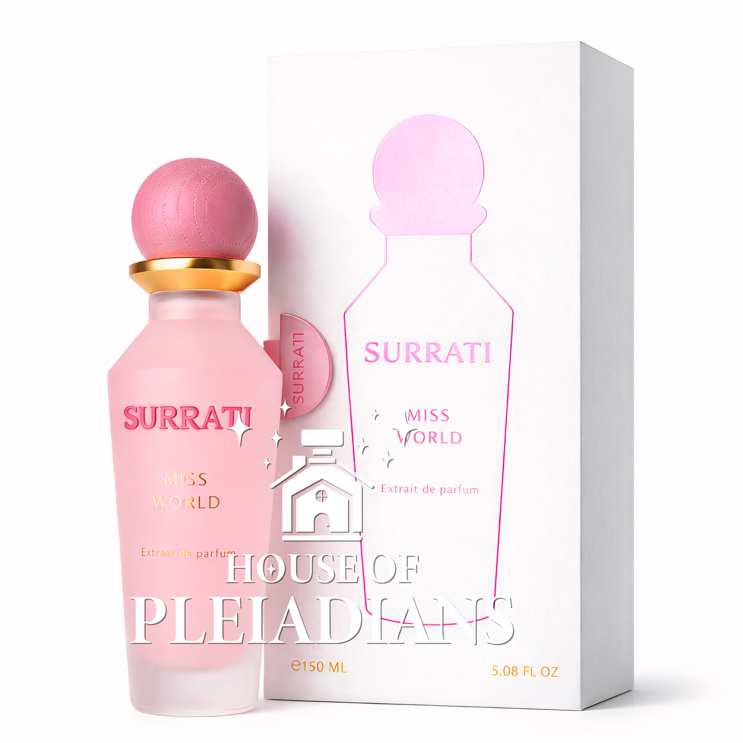 Pink Surrati perfume bottle and packaging on a white background
