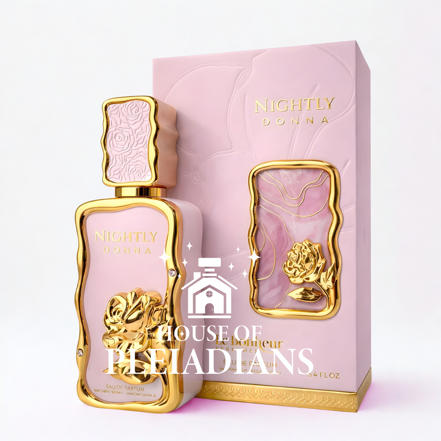 Perfume bottle and packaging of 'NIGHTLY DONNA' with gold accents on a white background.