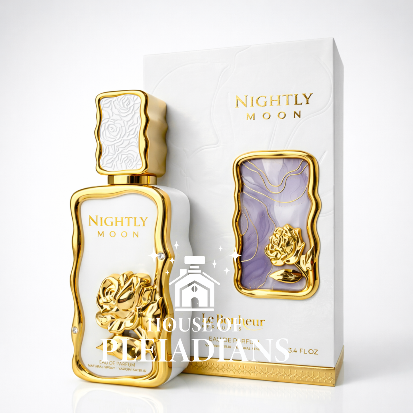 Gold and white perfume bottle with matching box labeled 'Nightly Moon' on a white background.