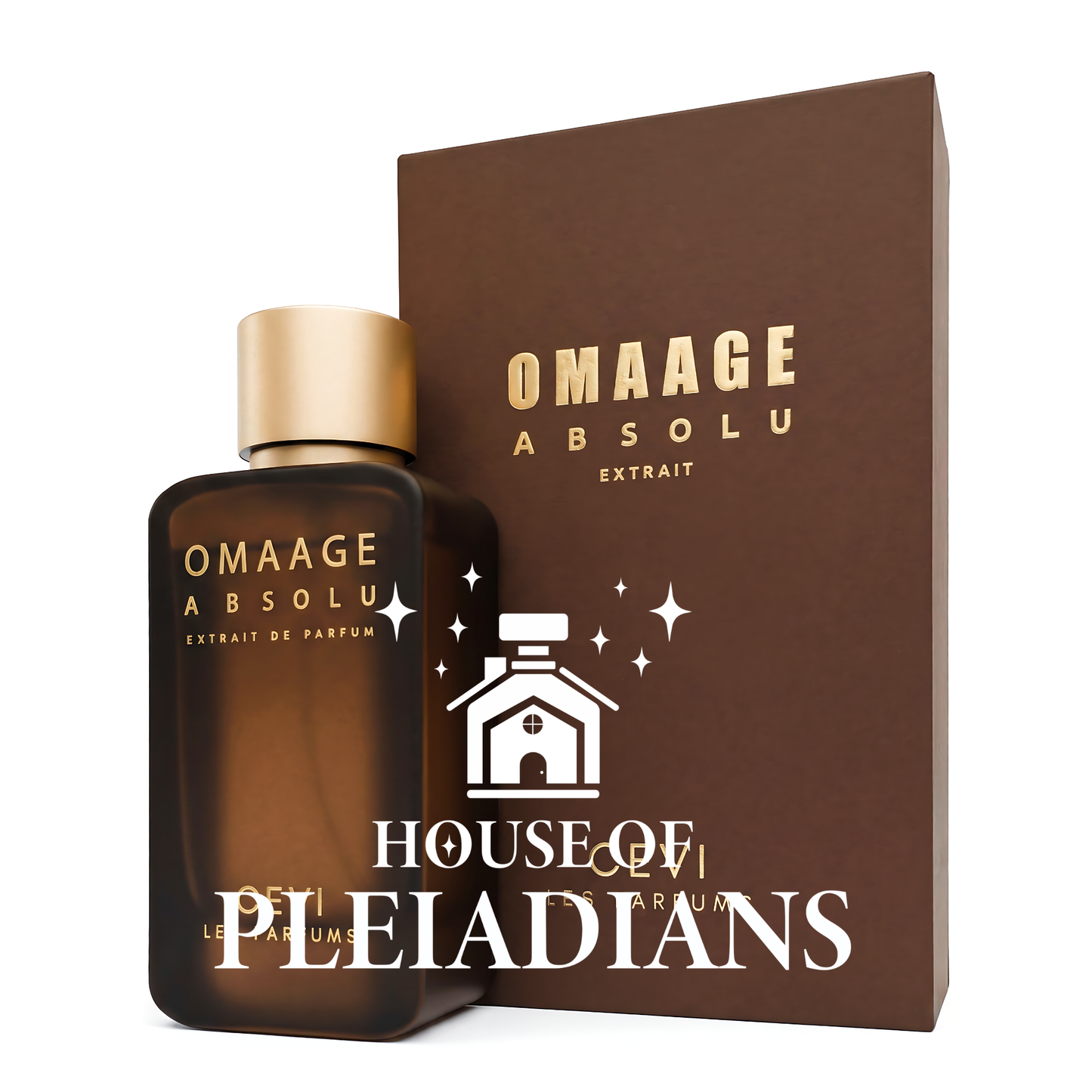Omaage Absolu perfume bottle and luxury brown gold packaging UK