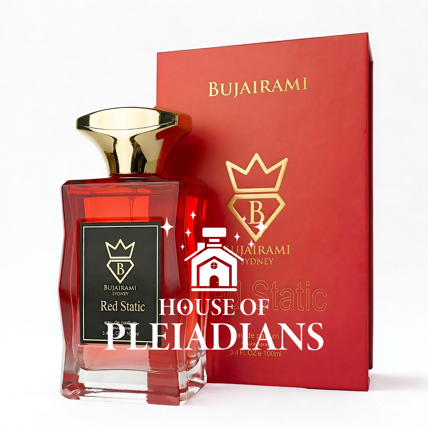Red perfume bottle with gold cap and matching box featuring 'Bujairami' branding on a white background.