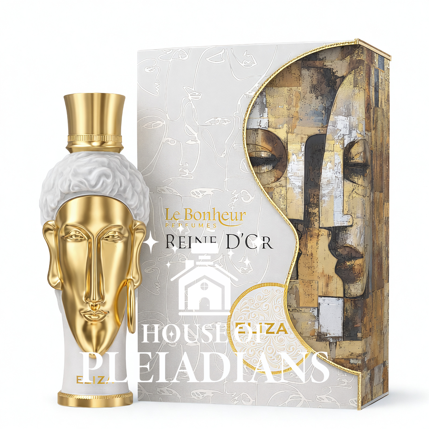 Perfume bottle and packaging with artistic design on a white background