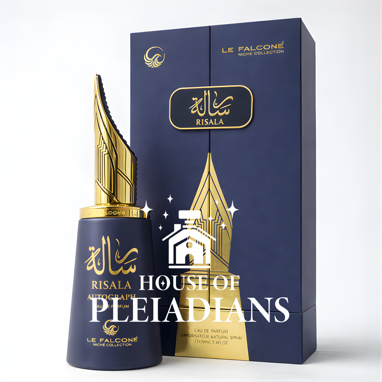 Perfume bottle and packaging with 'House of Pleiadians' branding on a white background