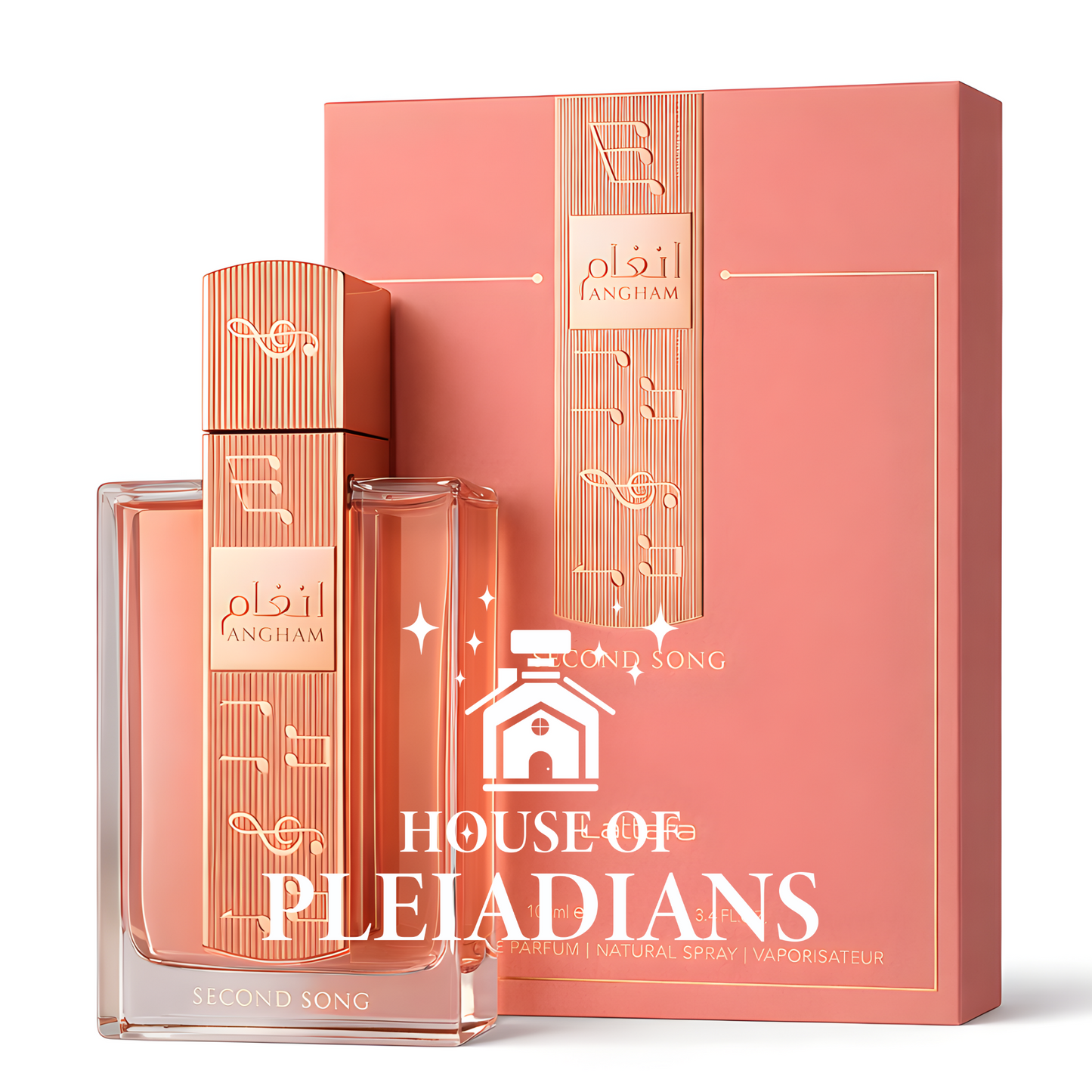 Perfume bottle and packaging of House of Pleiadians on a white background