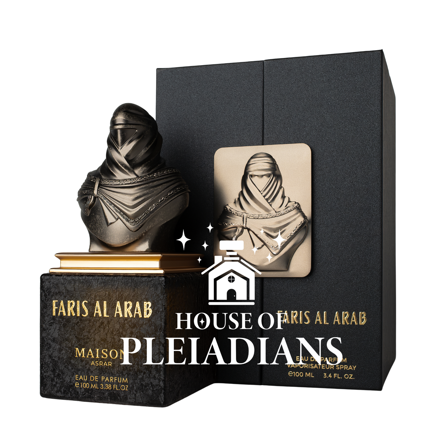 Perfume bottle and packaging of Faris Al Arab with House of Pleiadians branding.
