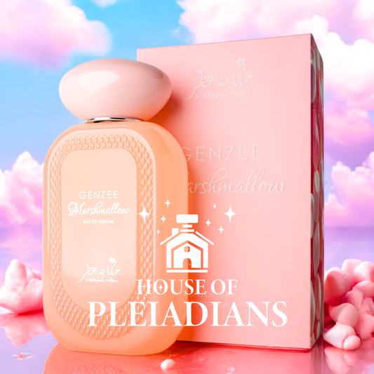 Genzee Marshmallow 100ml EDP by Hekayat Attar perfume bottle with pink box, featured in a dreamy cloud-themed setting. A sweet, gourmand fragrance from House Of Pleiadians.