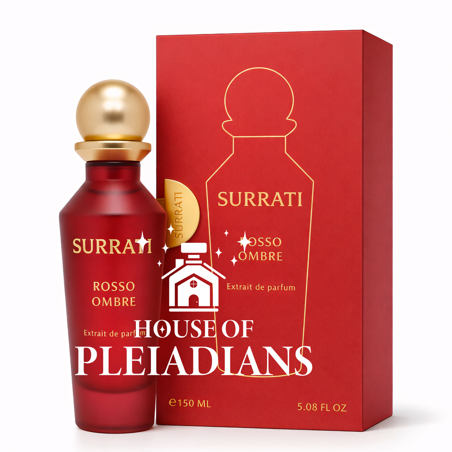 Red Surrati Rosso Ombre perfume bottle with matching packaging on a white background