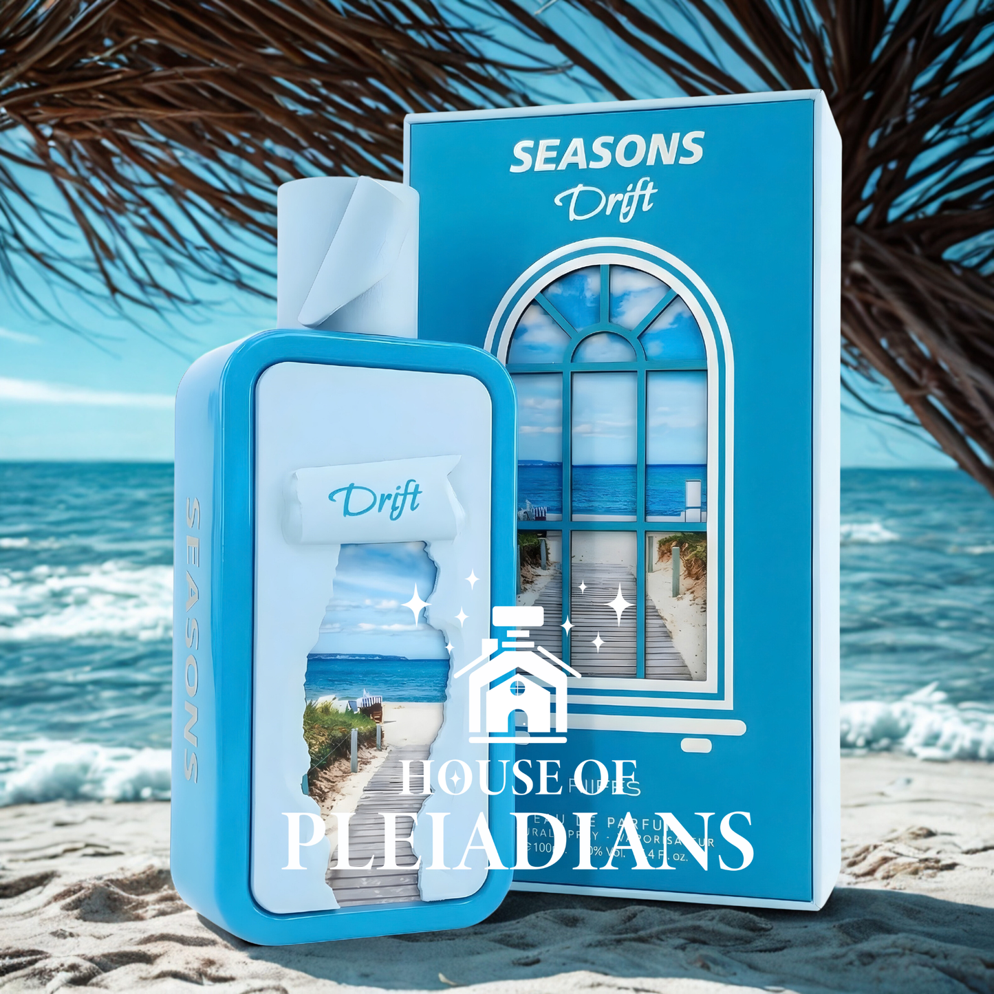 Perfume bottle and packaging with 'House of Pleiadians' branding on a beach background