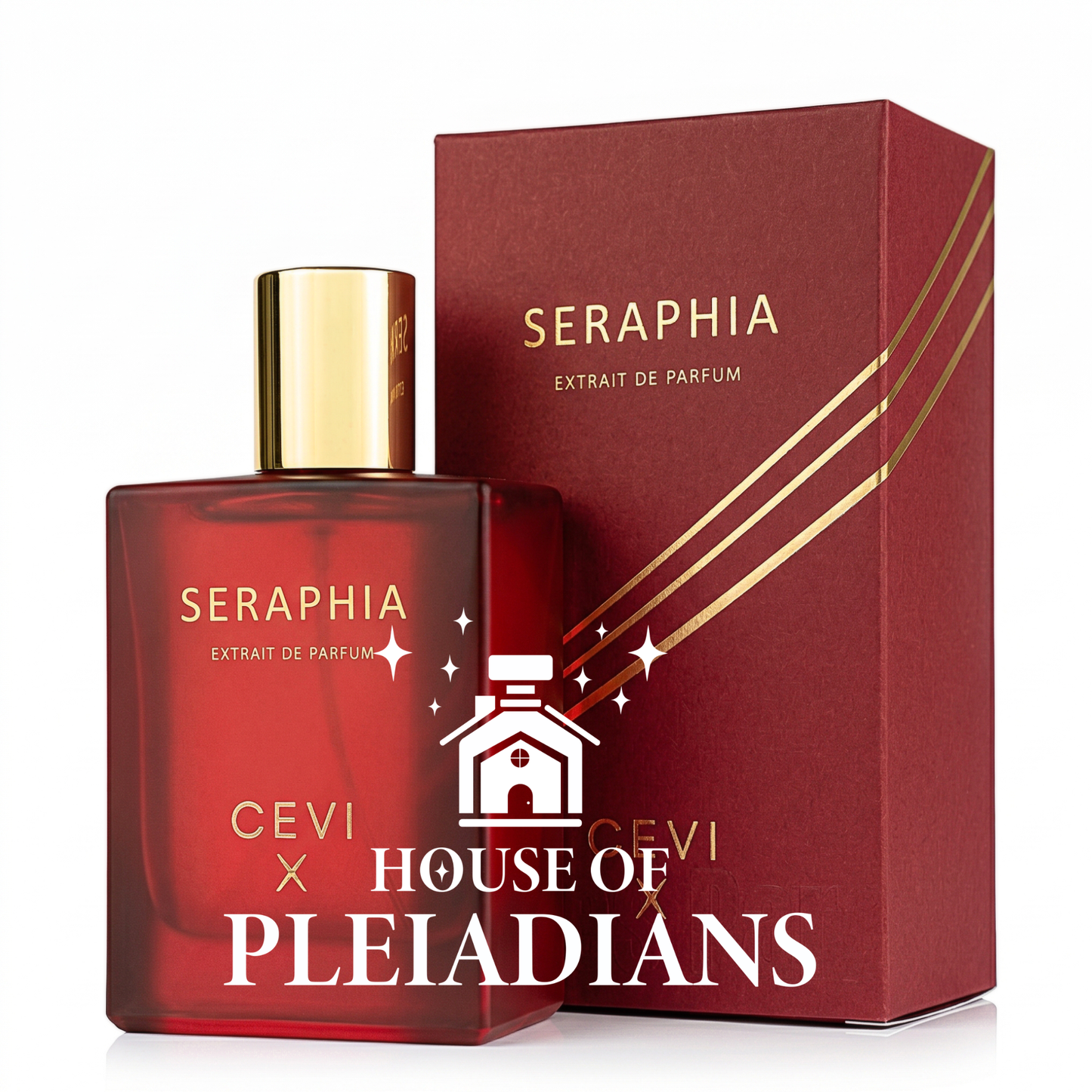 Seraphia CEVI X perfume bottle and luxury burgundy packaging UK