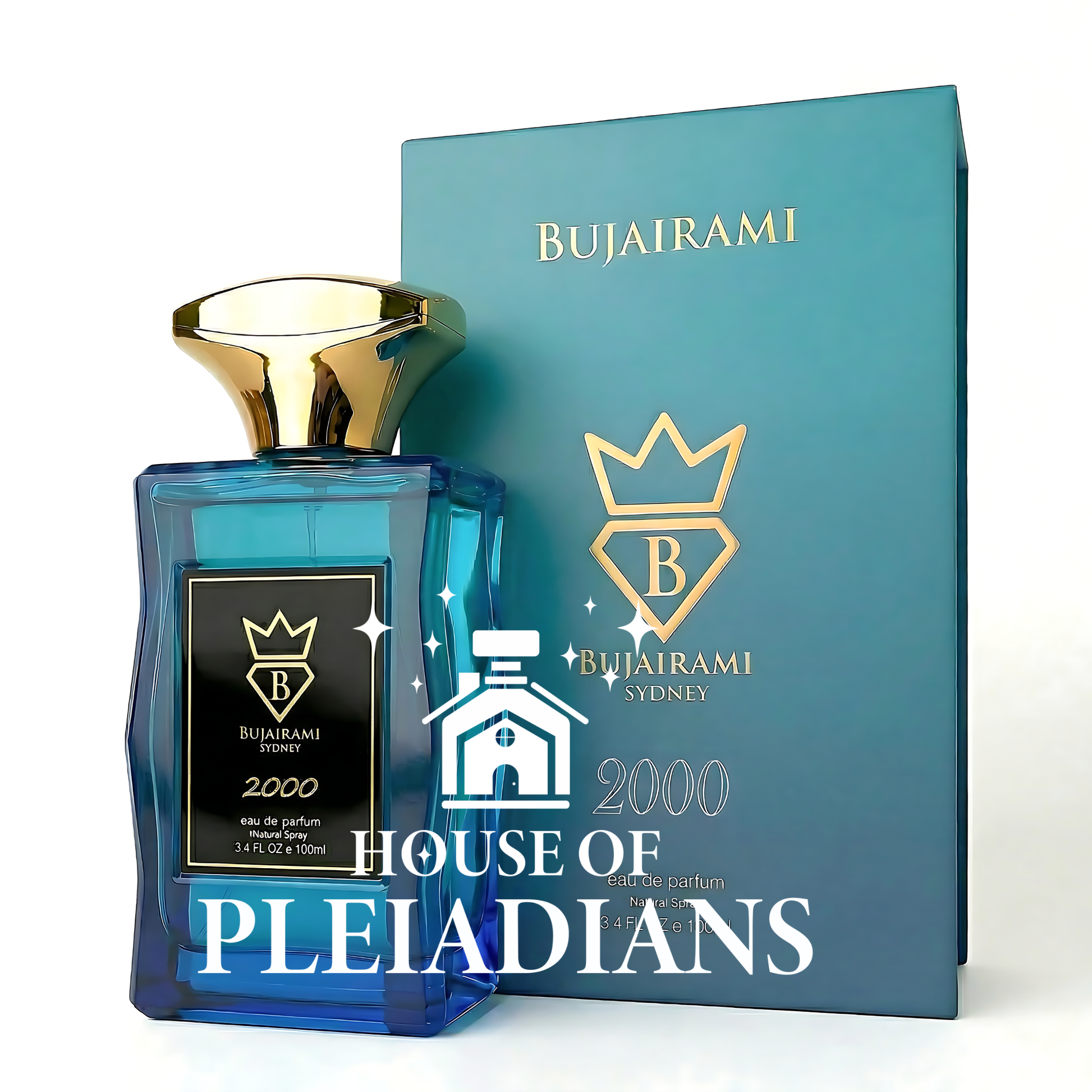 Bujairami Sydney 2000 eau de parfum – clear glass bottle with gold-tone cap – 100 ml / 3.4 fl oz natural spray