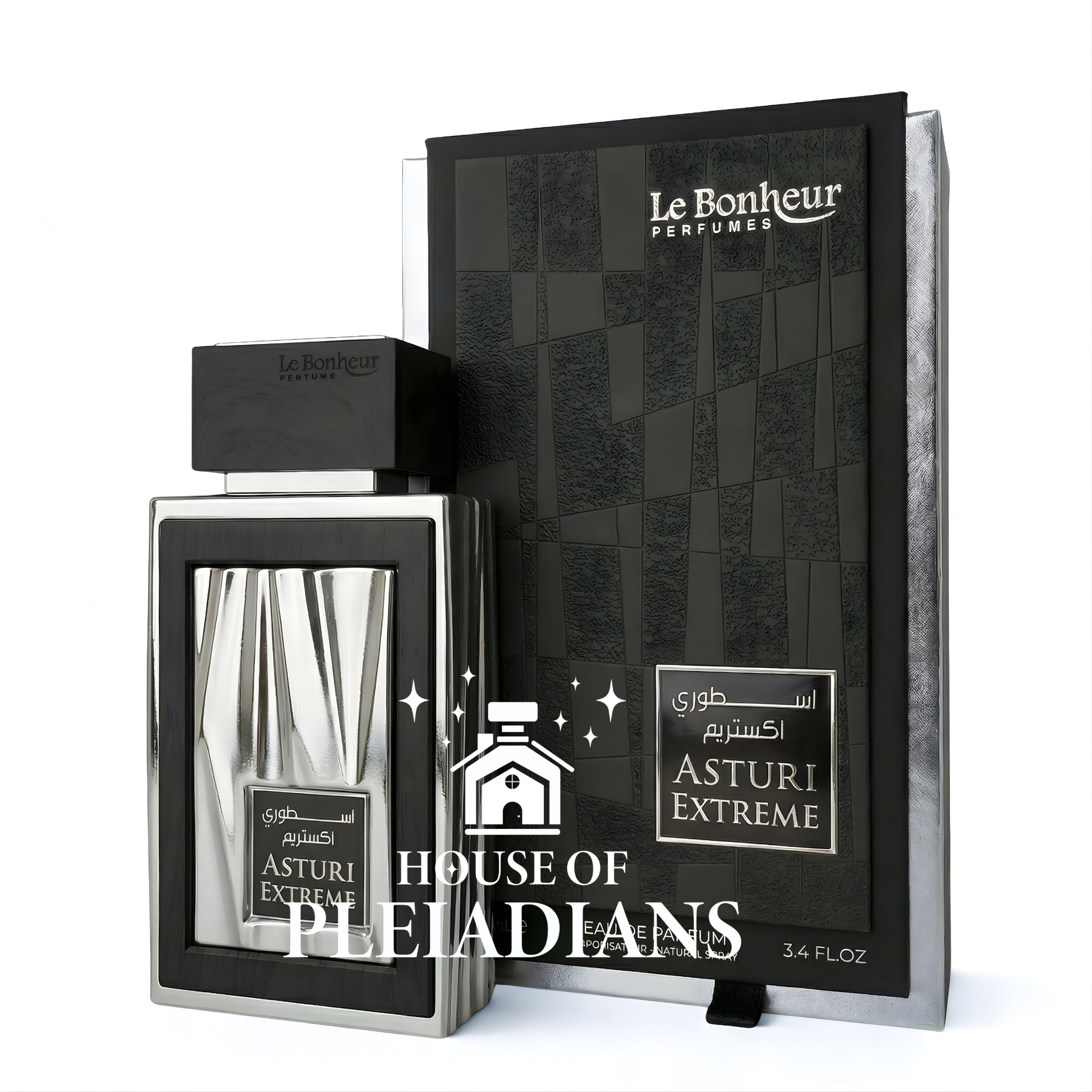 Perfume bottle and packaging with 'Le Bonheur' branding on a white background