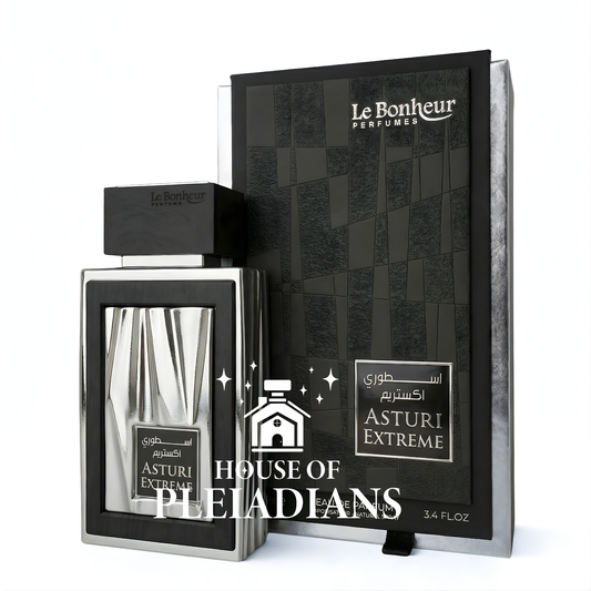 Perfume bottle and packaging with 'Le Bonheur' branding on a white background