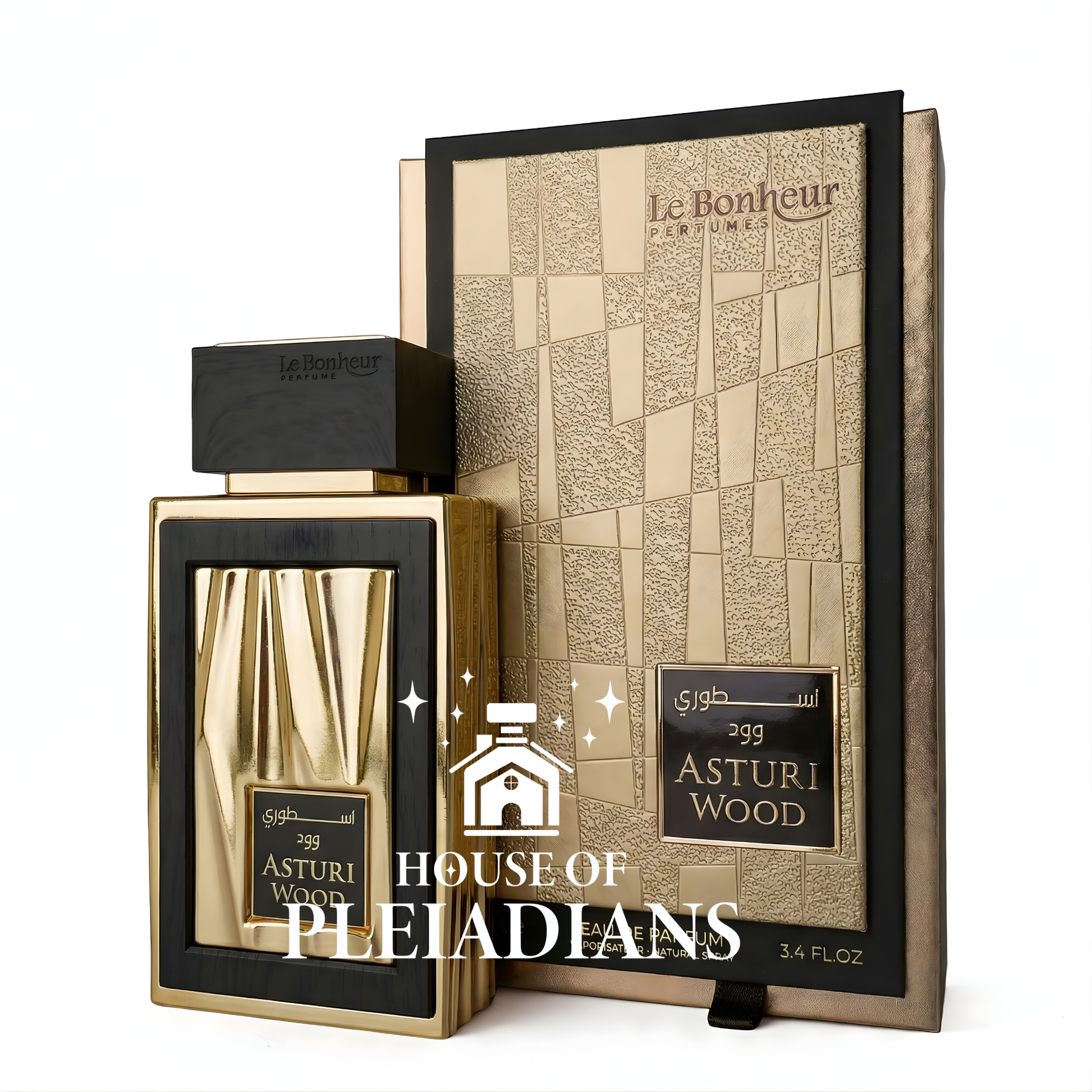 Perfume bottle and packaging with 'Le Bonheur' branding on a white background