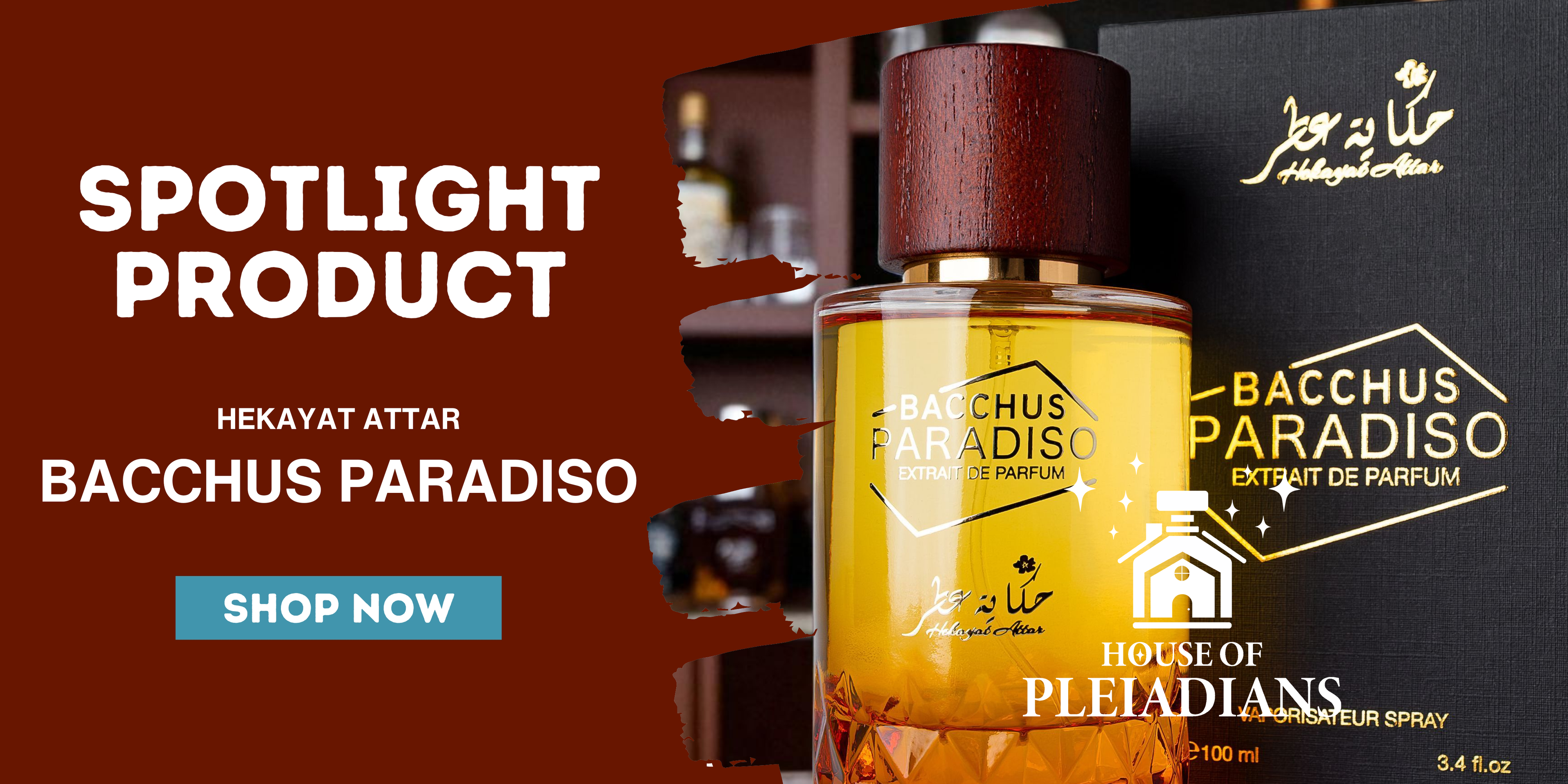 Bacchus Paradiso perfume bottle with packaging on a brown background